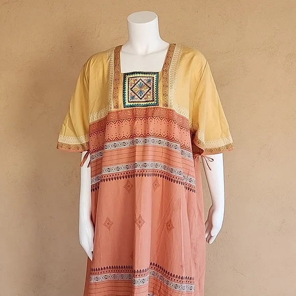 EGYPT Kaftan Maxi Dress XL Nightgown Batik Embroidered Egyptian Loungewear - Picture 8 of 15